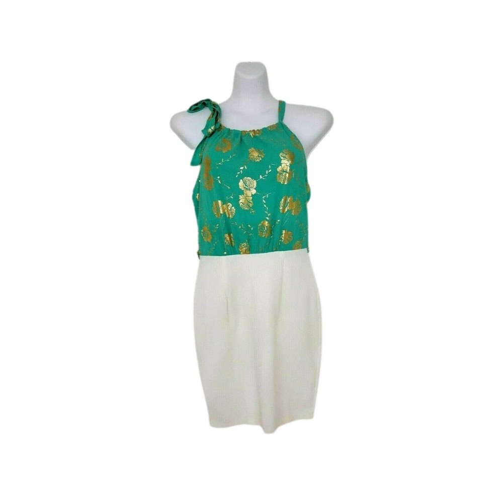 Naranka Womens Sun Dress Size Large Sleeveless Green Gold Foil White - Picture 11 of 13